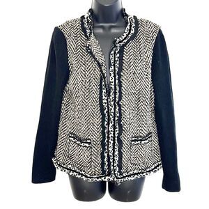 Chico’s Animal Print Tweed Chevron Bone Wool Blend Cardigan Black White Medium